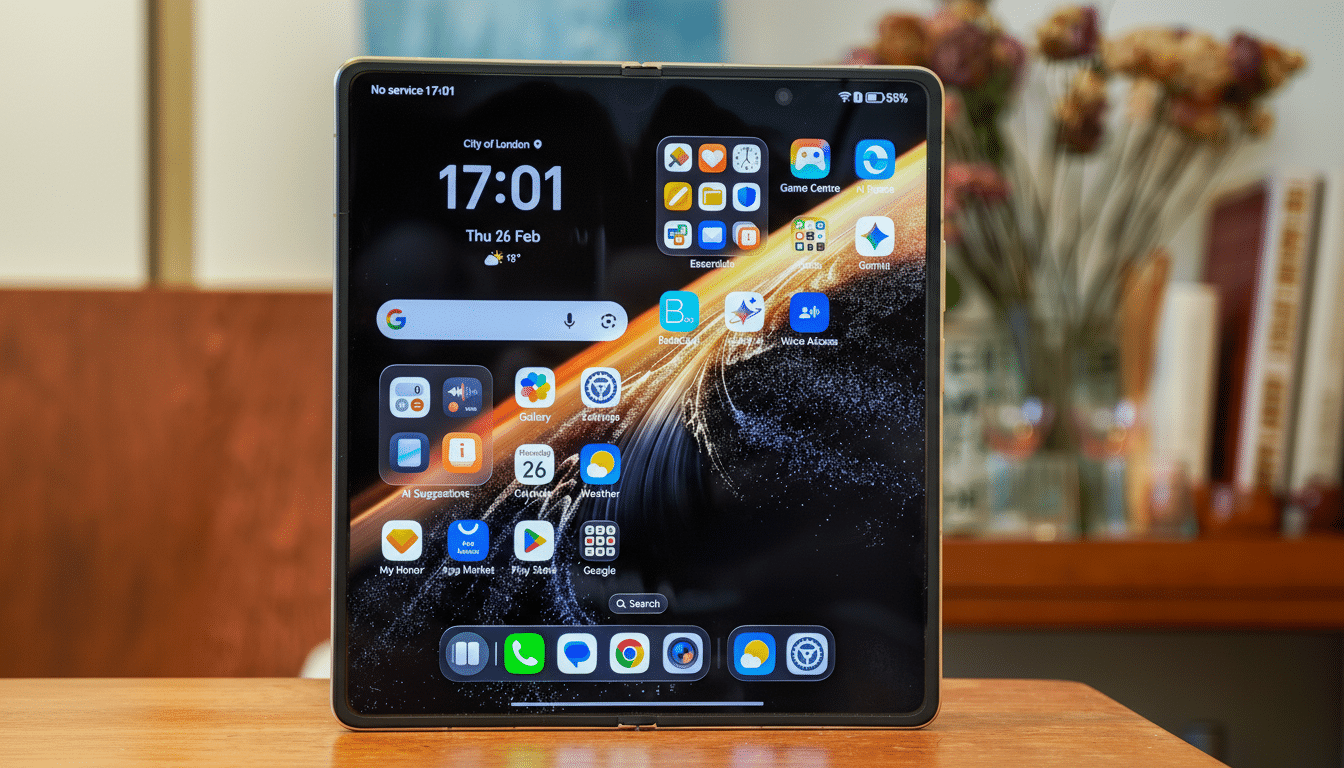 A smartphone with a foldable screen displaying its home screen with various app icons and widgets, set on a wooden table with a blurred background.