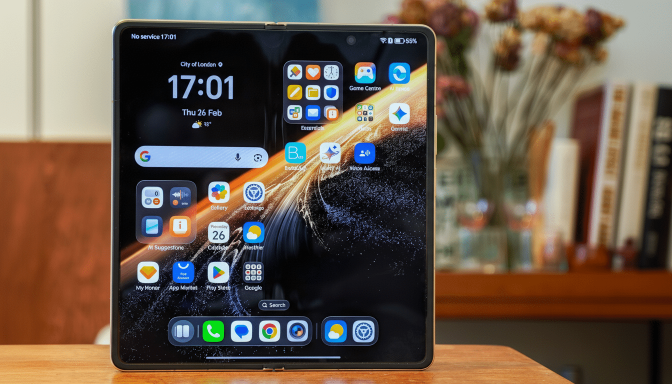 A smartphone with a foldable screen displaying the home screen with various app icons, the date, and time.