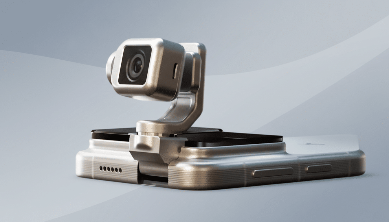 A silver smartphone with a detachable, gimbal-mounted camera accessory on a professional flat design background with soft patterns and gradients.