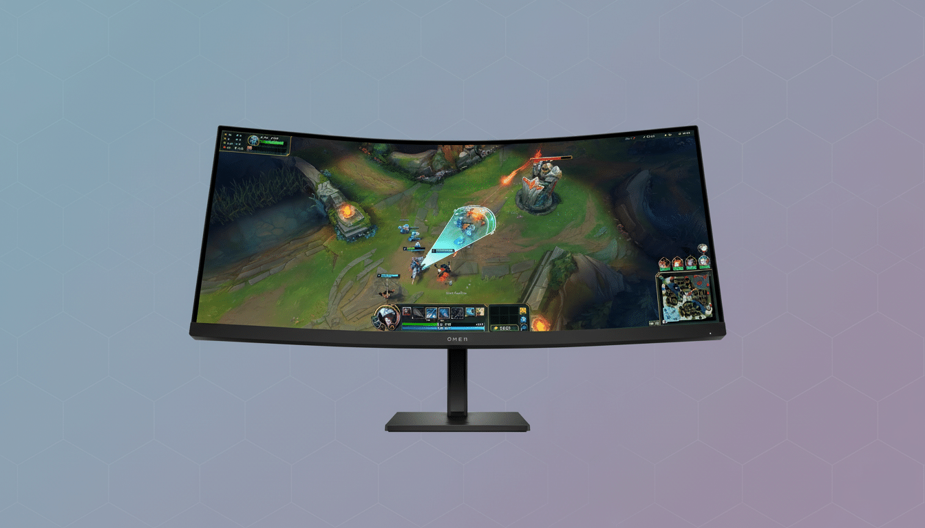 A curved gaming monitor displaying a League of Legends game, set against a professional flat design background with soft patterns and a gradient from blue to purple.