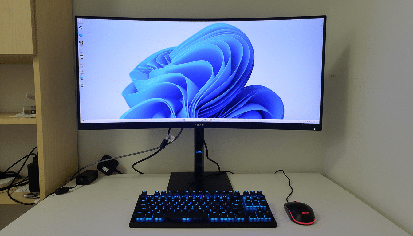 A computer monitor displaying the Windows 11 desktop, with a backlit keyboard and a mouse on a white desk.