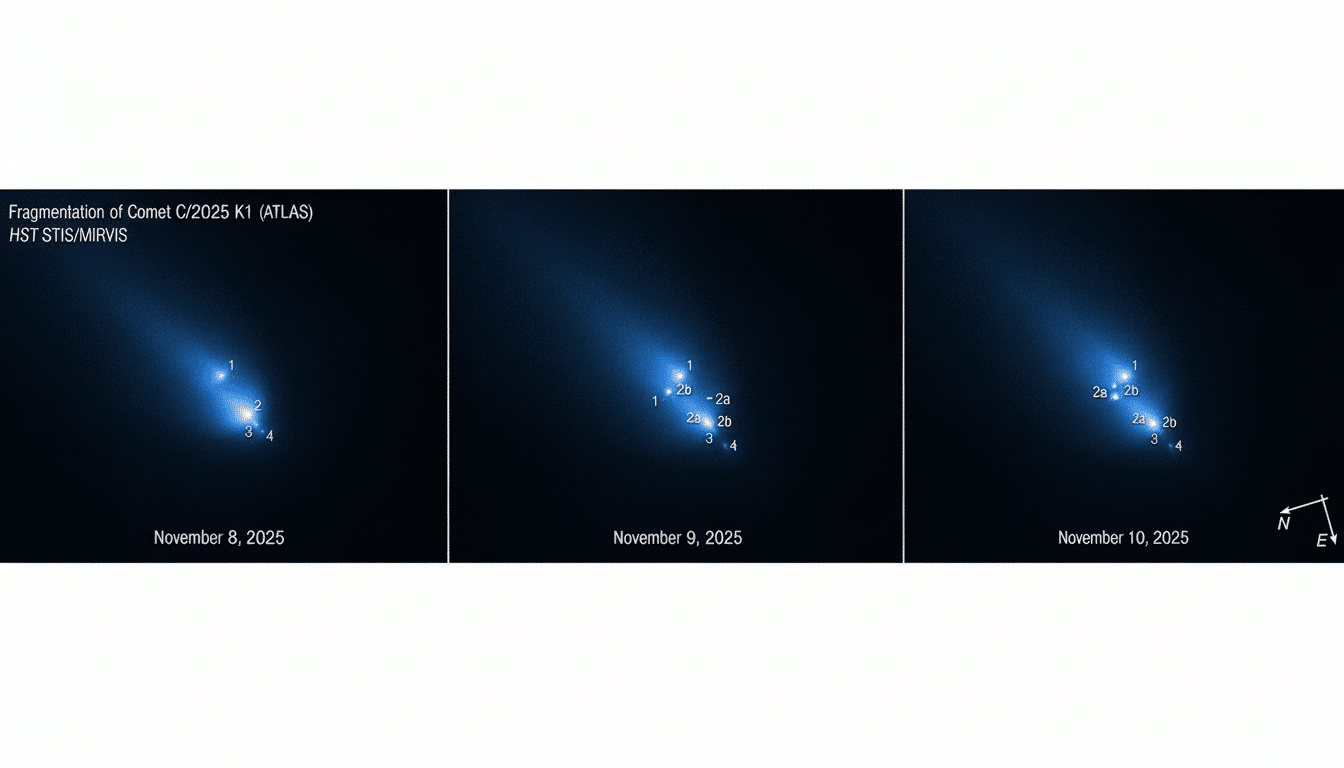 A triptych of images showing the fragmentation of Comet C/2025 K1 (ATLAS) over three days in November 2025. The comet, appearing as a bright blue object with a tail, is shown with numbered fragments. The background is a dark blue, starry sky.