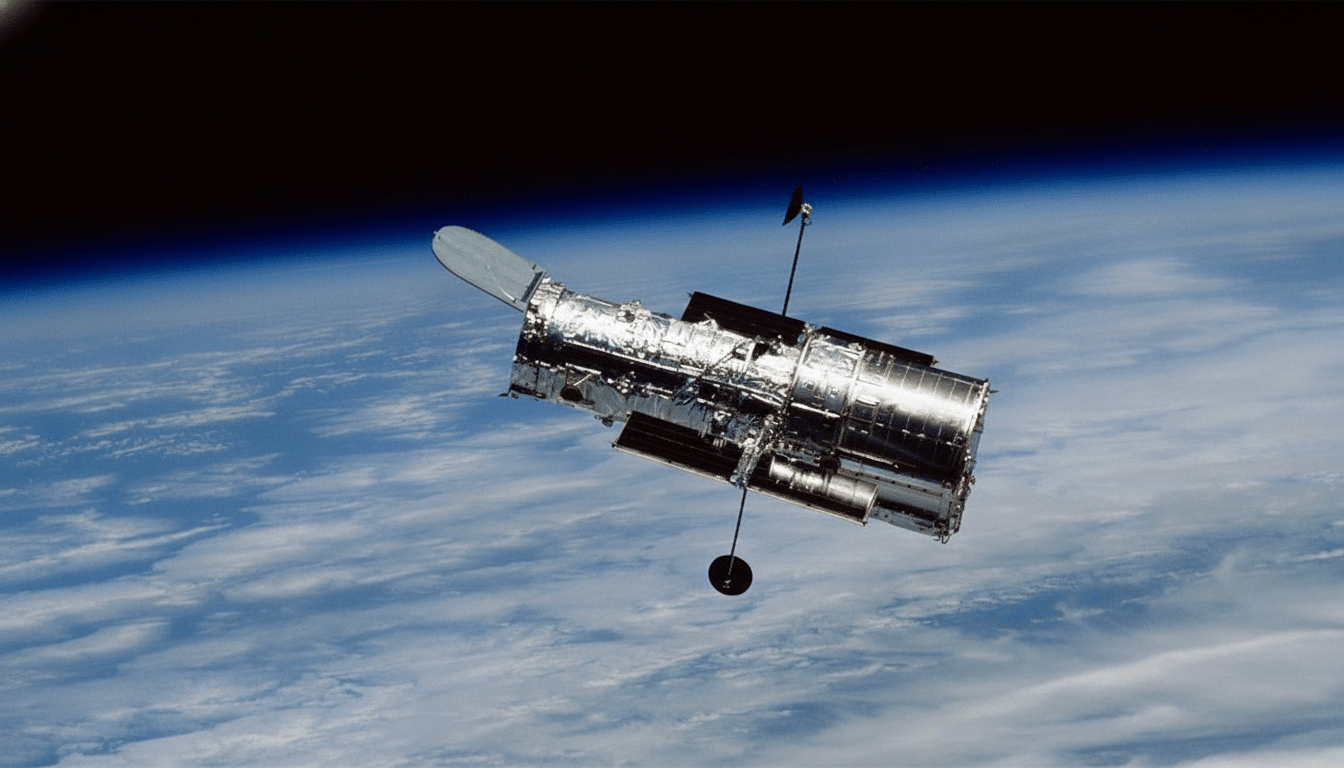 The Hubble Space Telescope orbiting above Earth, with the dark expanse of space above and a blue-and-white cloud-covered Earth below.