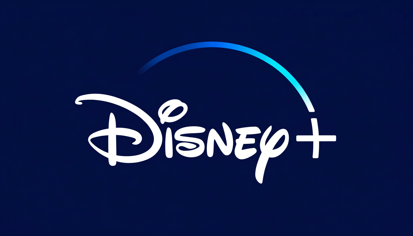 The Disney+ logo, featuring the word Disney in its classic script font followed by a plus sign, all in white, set against a dark blue background. A light blue gradient arc sweeps over the Disney text.