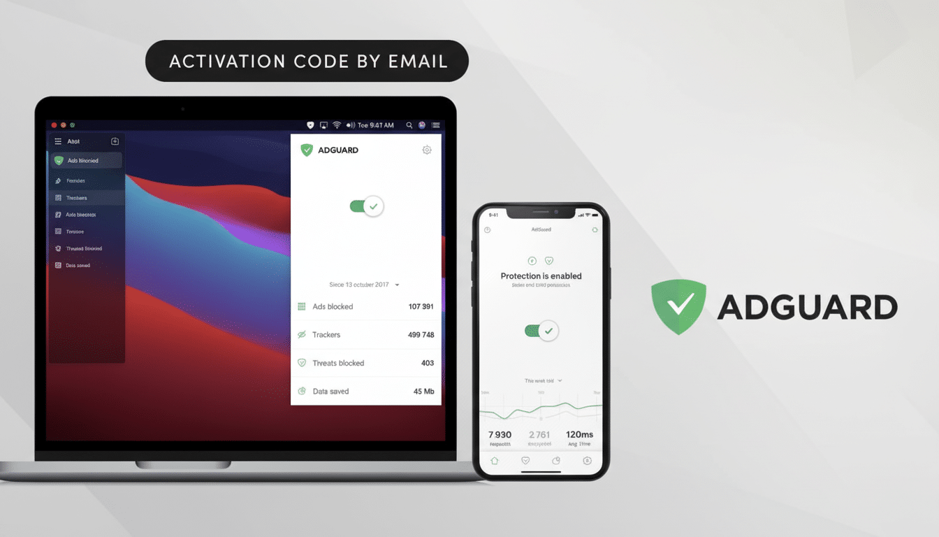 A laptop and a smartphone displaying the AdGuard application interface, with the AdGuard logo and text ACTIVATION CODE BY EMAIL on a clean, professional background.