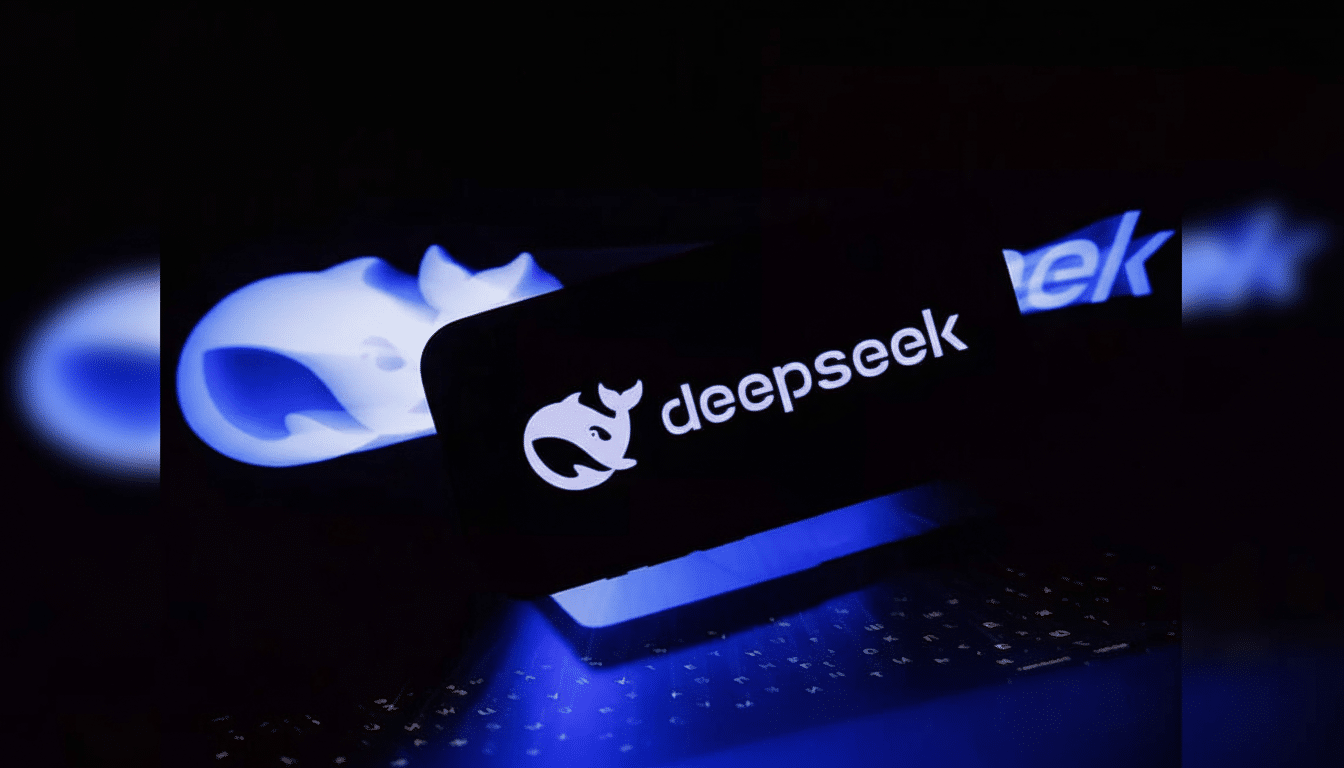 The Deepseek logo, featuring a stylized whale, is displayed on a dark screen, with a faint blue glow emanating from a keyboard in the foreground.