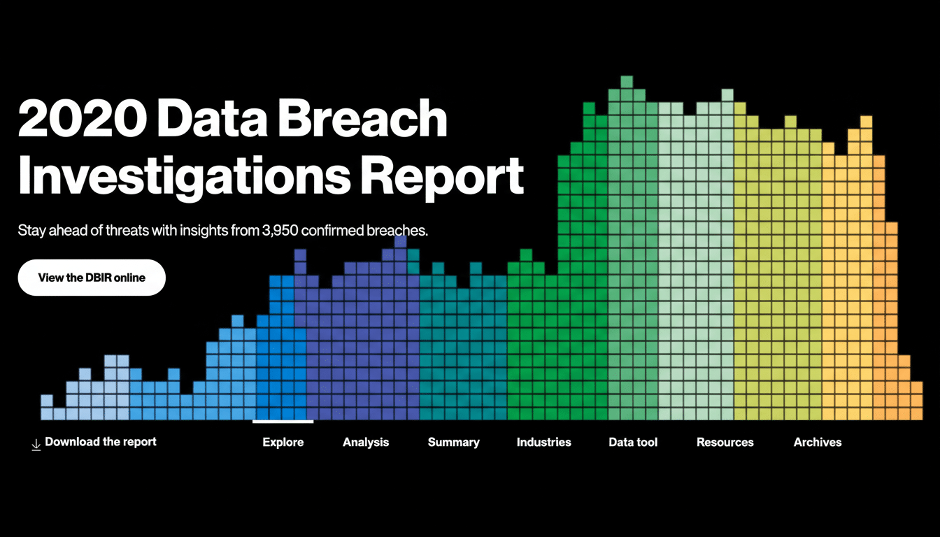 A professional, enhanced image of the 2020 Data Breach Investigations Report title with a colorful bar graph made of squares, set against a black background.