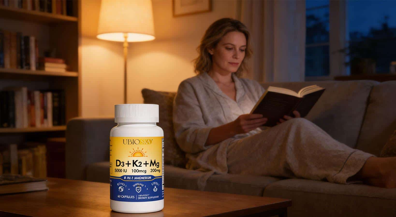 UBIOSKA DK-Mg with magnesium, vitamin D3 and K2 for cardiovascular support, calcium balance, arterial flexibility and long-term bone health.