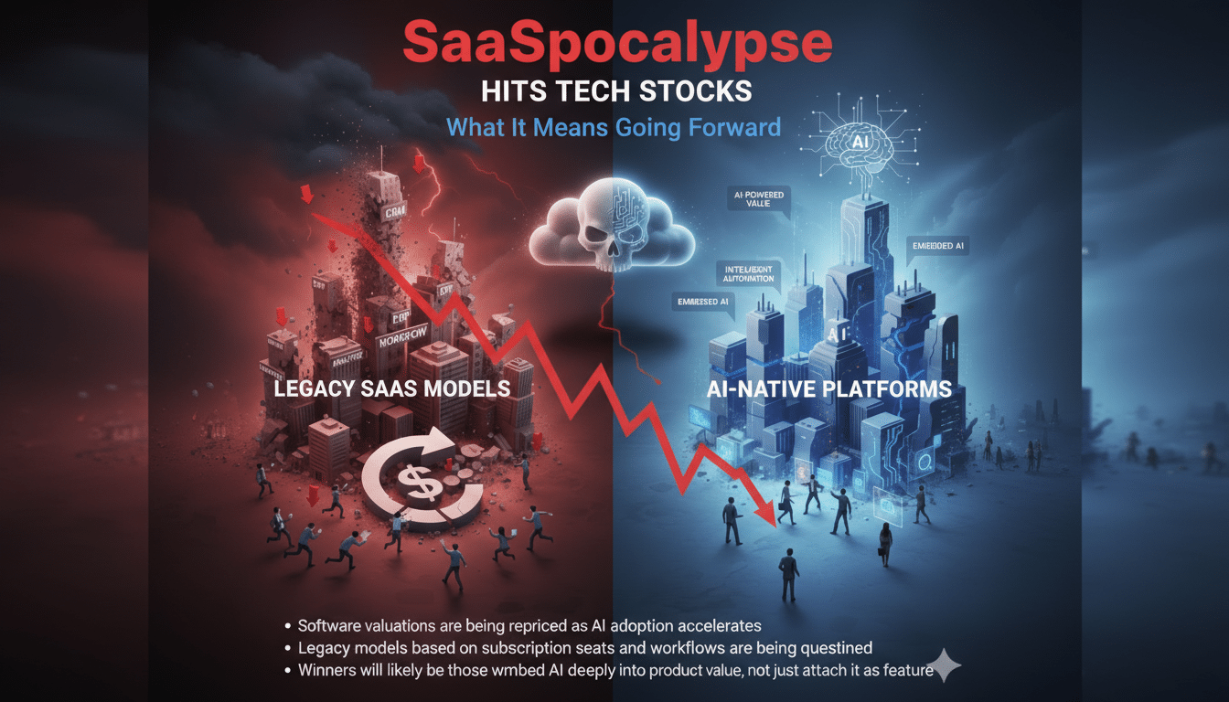 An image titled SaaSpocalypse Hits Tech Stocks: What It Means Going Forward depicts a red, declining arrow separating Legacy SaaS Models on the left from AI-Native Platforms on the right. The left side shows a dark, red-toned cityscape with small figures running from a dollar sign, representing declining software valuations. The right side features a futuristic, blue-toned cityscape with figures moving towards it, symbolizing AI-powered value and intelligent automation.