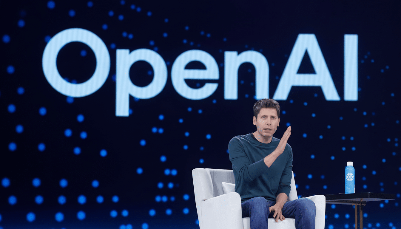 A man in a teal shirt and jeans sits on a white chair on a stage with a large OpenAI logo in the background.