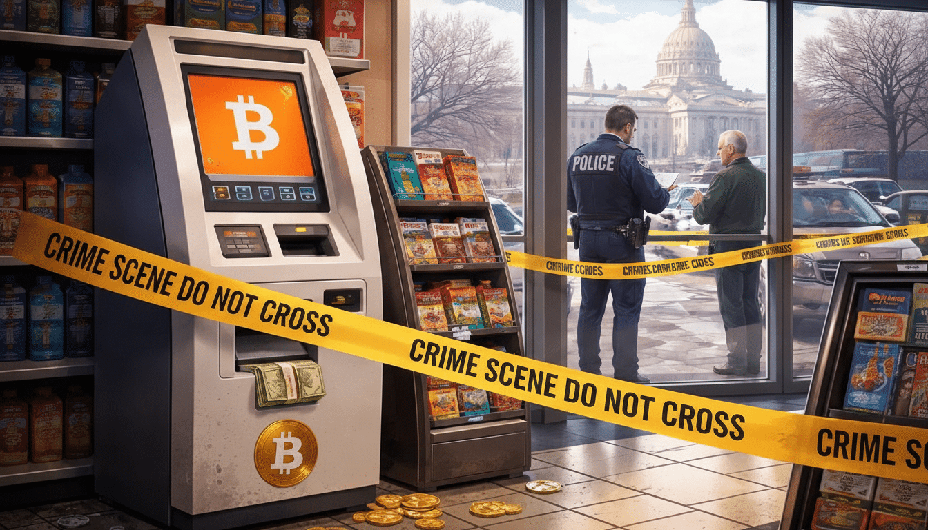 A Bitcoin ATM is cordoned off with CRIME SCENE DO NOT CROSS tape, with a police officer and another man standing outside the store window.