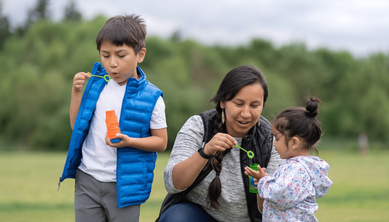 A mother and her two children blowing bubbles outdoors.