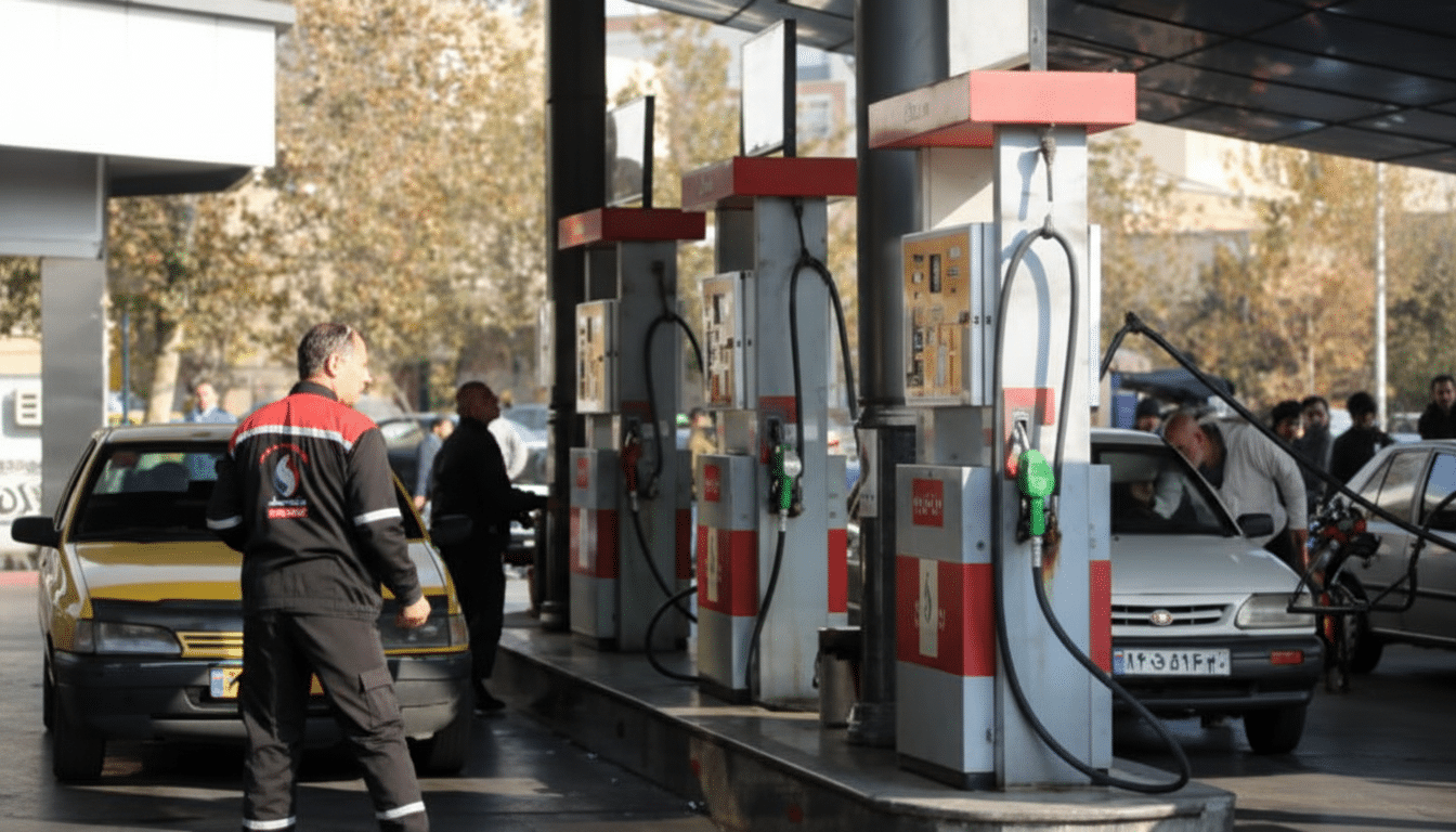 A man in a black and red uniform stands at a gas station with multiple pumps and cars.