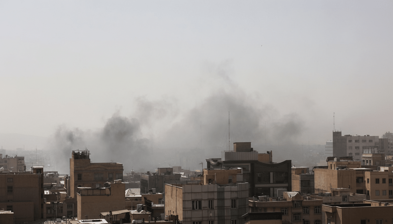 A wide shot of a city skyline with smoke rising in the distance, under a hazy sky.