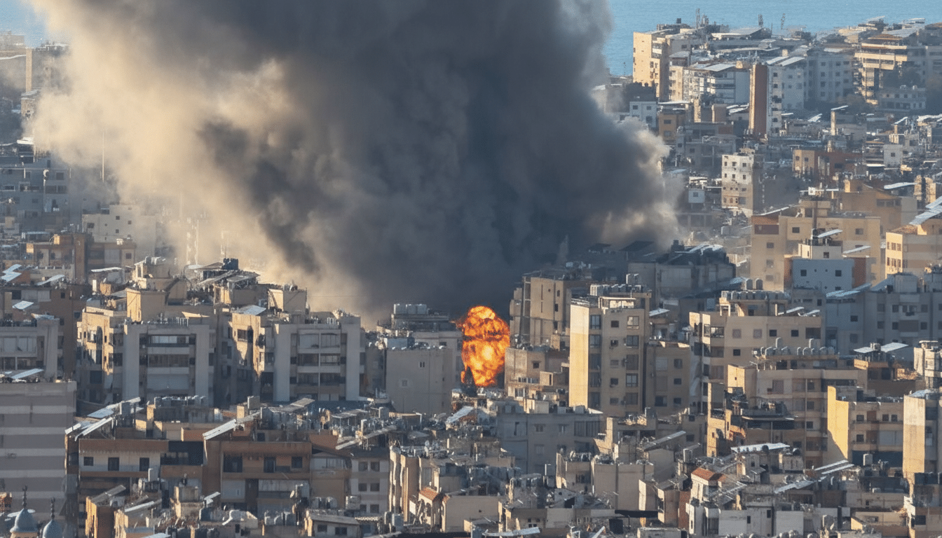 An aerial view of a city with a large explosion and thick smoke rising from among the buildings.