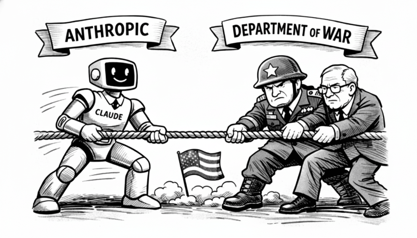 A black and white cartoon depicts a tug-of-war between a robot labeled Claude representing Anthropic and a soldier and a man in a suit representing the Department of War, with an American flag in the middle.