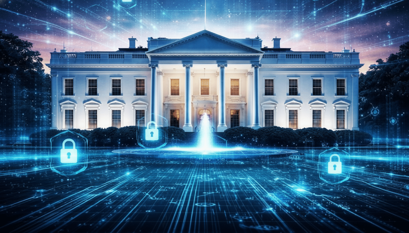 The White House is depicted with a futuristic, digital overlay of glowing blue lines and padlock icons, symbolizing cybersecurity and data protection.