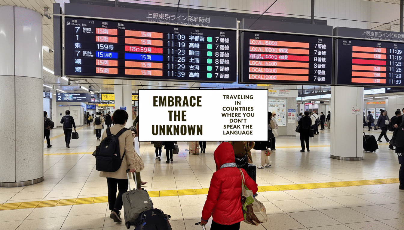 A wide shot of a bustling train station with a large departure board displaying Japanese text and times. In the foreground, a person in a red jacket with a bag stands with their back to the viewer, looking towards the board. A white rectangular overlay with the text EMBRACE THE UNKNOWN and TRAVELING IN COUNTRIES WHERE YOU DONT SPEAK THE LANGUAGE is positioned in the center of the image.