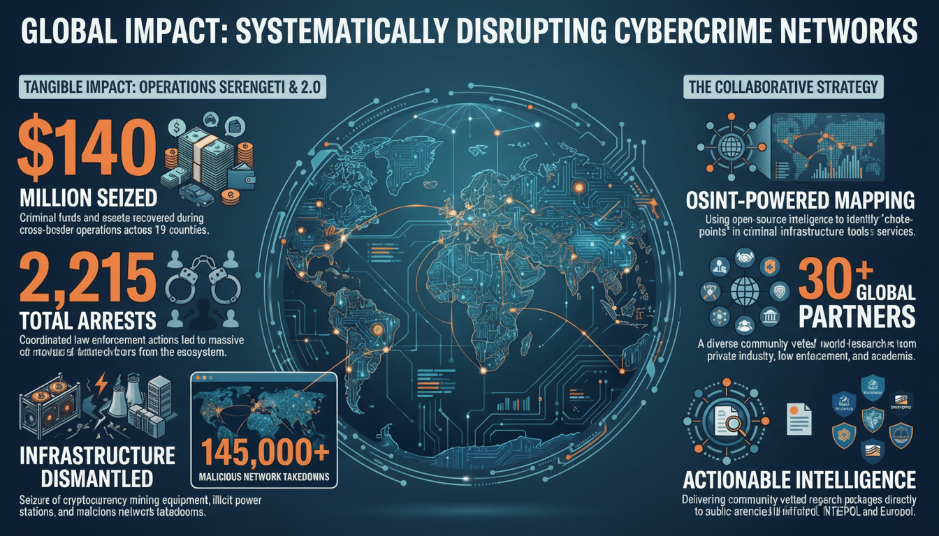 An infographic titled GLOBAL IMPACT: SYSTEMATICALLY DISRUPTING CYBERCRIME NETWORKS detailing achievements like $140 million seized, 2,215 total arrests, 145,000+ malicious network takedowns, and 30+ global partners, all centered around a glowing blue map of the world with interconnected lines.