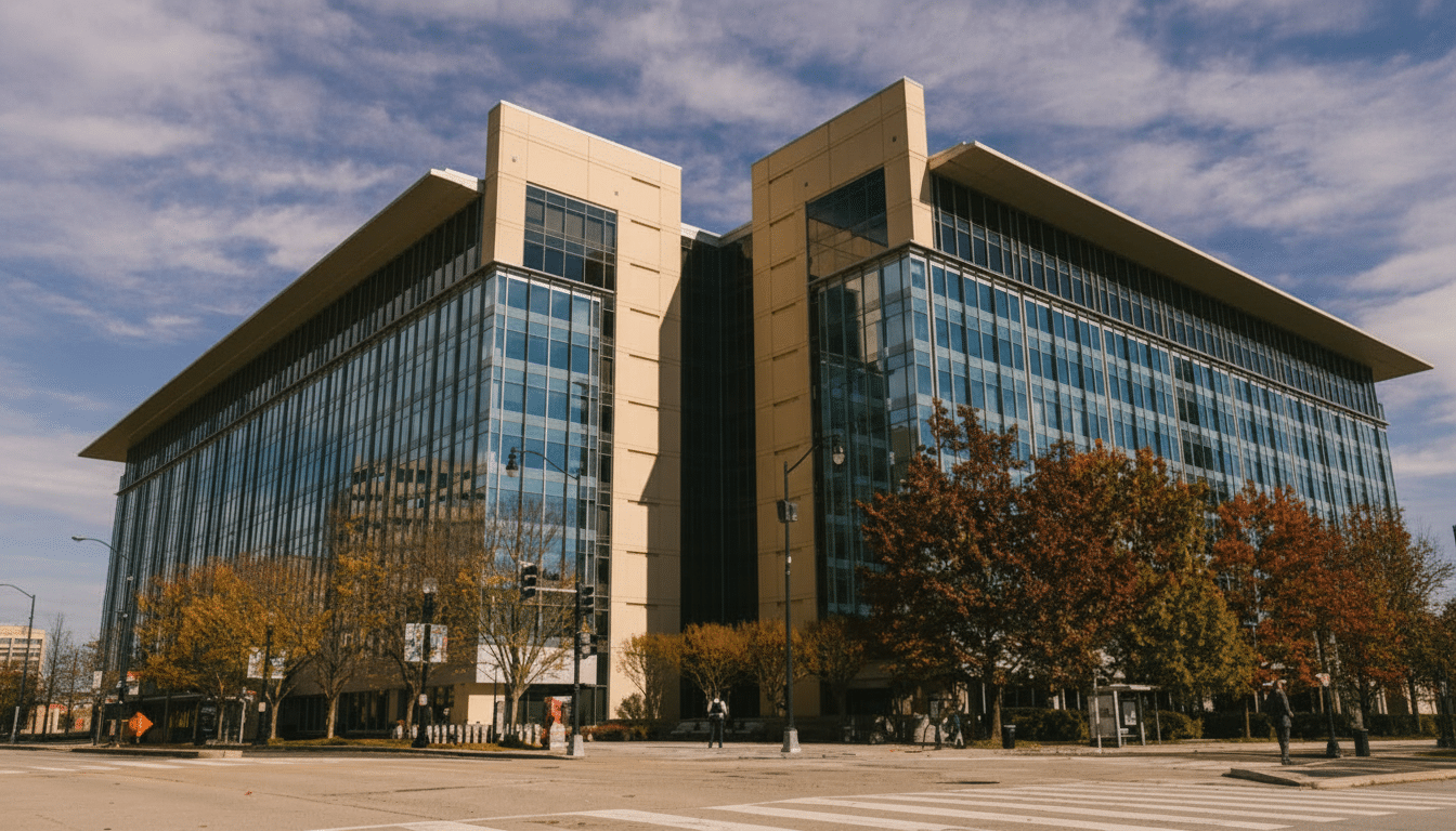 A modern office building with a glass facade and beige upper sections, set against a partly cloudy sky.