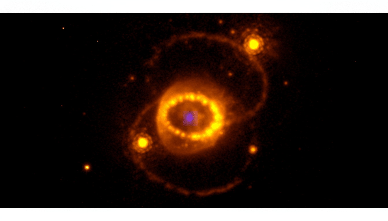 A 16:9 aspect ratio image of a galaxy with a bright orange ring and two smaller bright orange celestial bodies, set against a dark background.