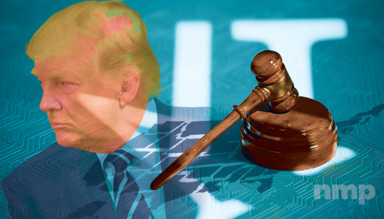 A 16:9 aspect ratio image featuring a translucent image of Donald Trump overlaid on a blue circuit board background, with a wooden gavel resting on a sounding block to his right.