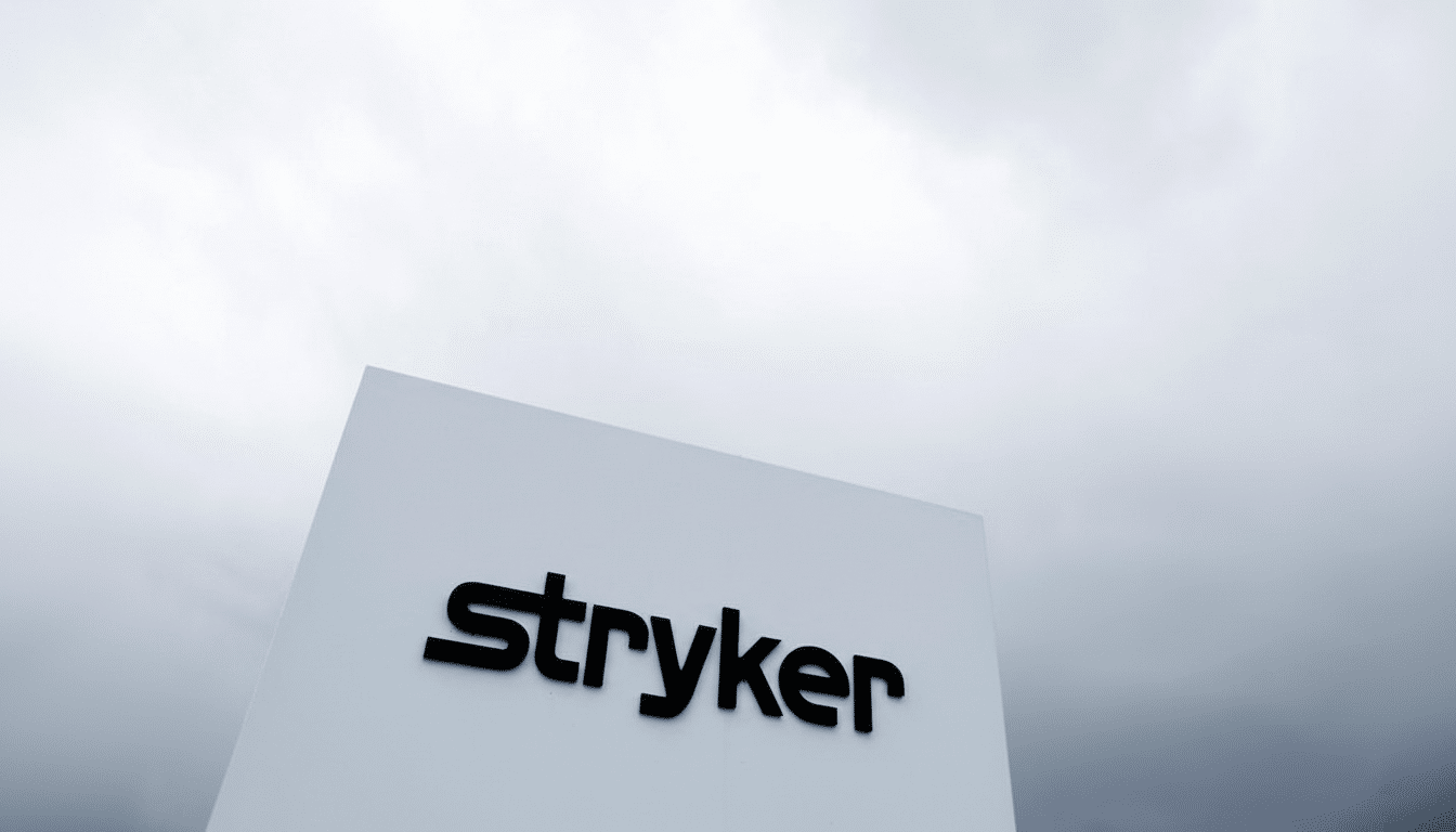 The Stryker logo in black text on a white sign, set against a cloudy sky, resized to a 16:9 aspect ratio.
