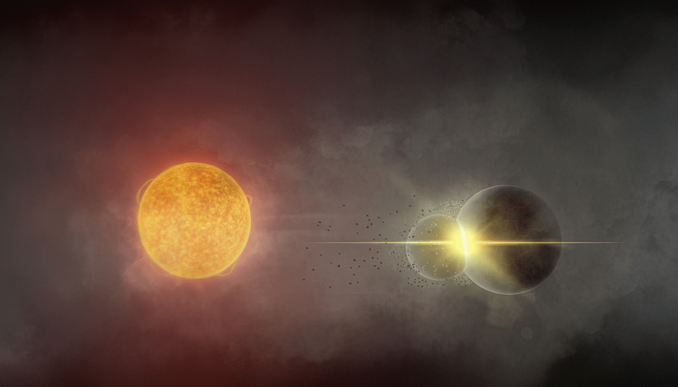 A celestial illustration depicting a bright, glowing sun on the left, emitting light towards a series of planetary bodies on the right. The planets are shown in various stages of illumination, with one appearing to eclipse another, creating a bright lens flare effect. Debris or particles are visible between the sun and the planets, all set against a dark, cloudy cosmic background.