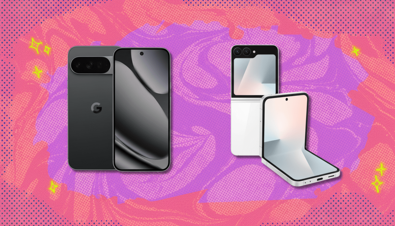 A 16:9 aspect ratio image featuring two dark gray smartphones and two white foldable smartphones on a vibrant pink and purple background with subtle patterns.
