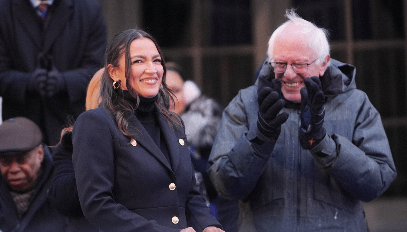 Alexandria Ocasio-Cortez and Bernie Sanders smiling at an event.