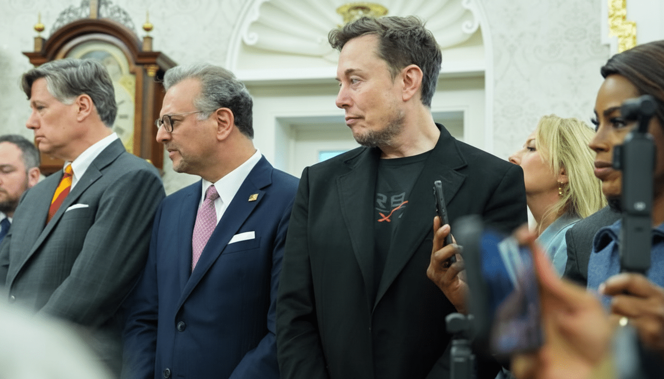 Elon Musk and other individuals in a formal setting, resized to a 16:9 aspect ratio.