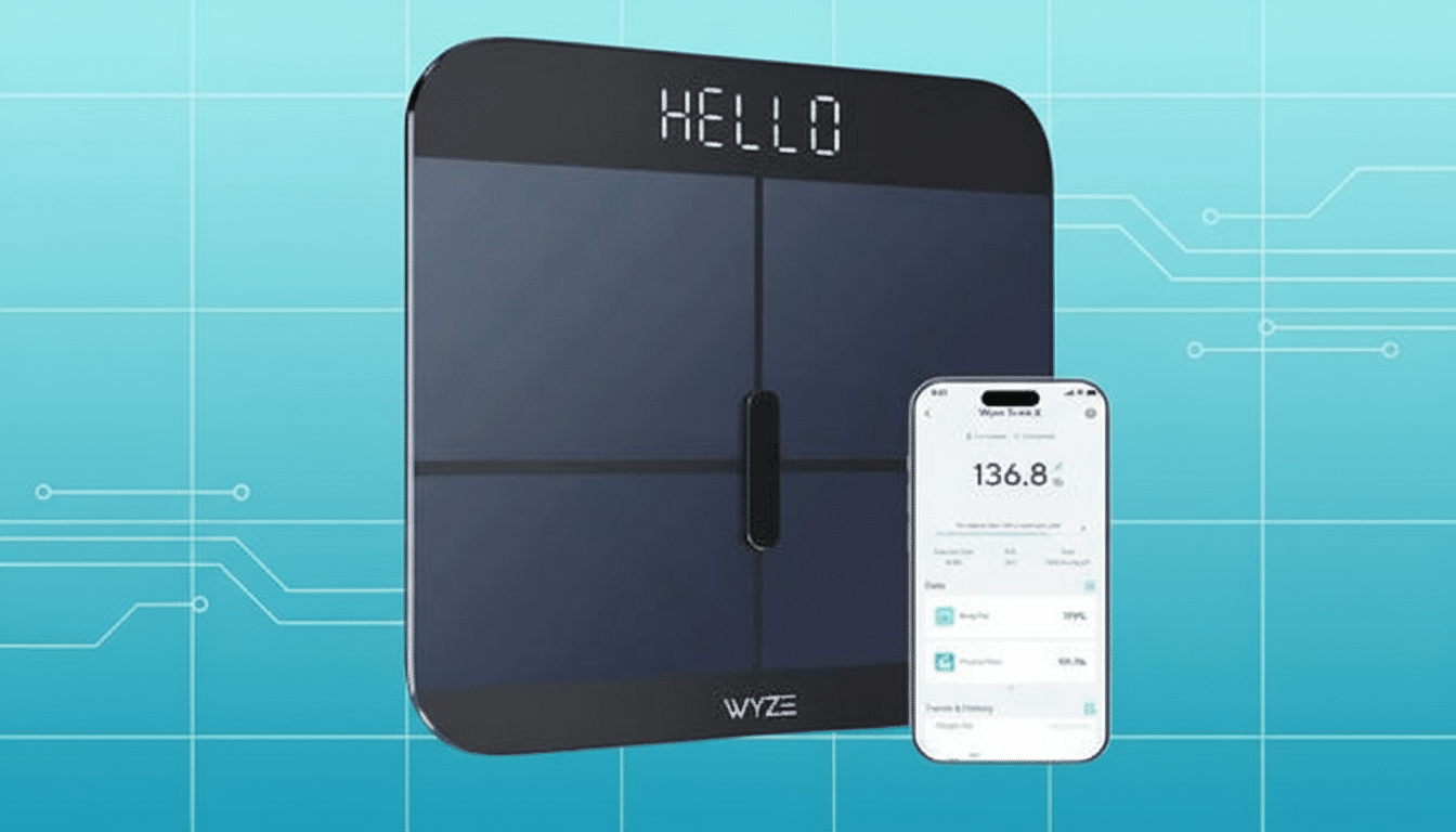 A black Wyze smart scale displaying HELLO and a smartphone showing the Wyze app with a weight reading of 136.8 lbs, set against a professional blue background with subtle circuit board patterns.