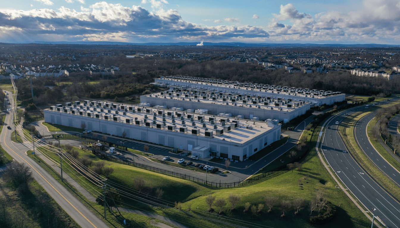An aerial view of a large data center complex with multiple long, rectangular buildings, surrounded by roads, green grass, and distant residential areas under a partly cloudy sky.