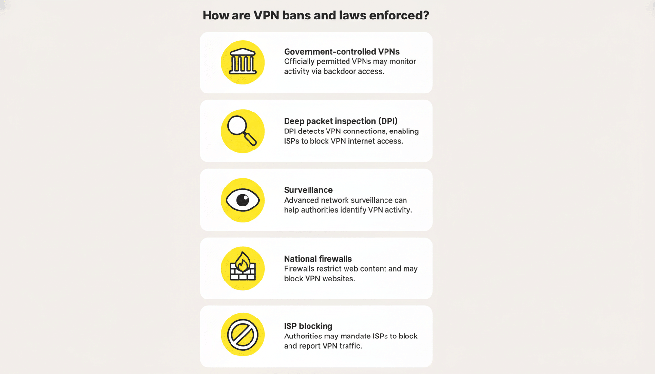 An infographic titled How are VPN bans and laws enforced? listing five methods: Government-controlled VPNs, Deep packet inspection (DPI), Surveillance, National firewalls, and ISP blocking.