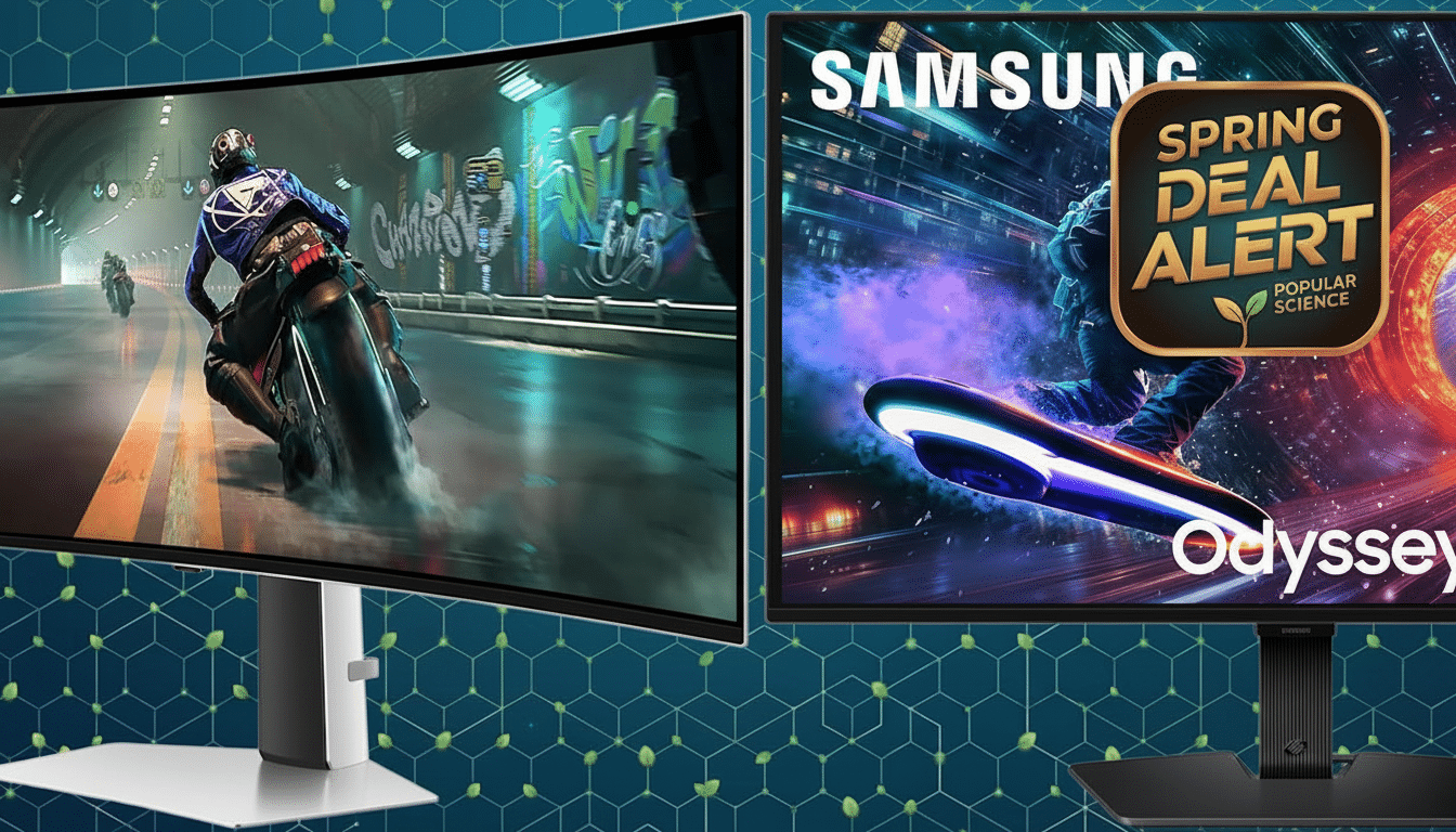 Two Samsung Odyssey gaming monitors are displayed side-by-side, showcasing vibrant graphics. The left monitor features a person riding a motorcycle through a futuristic tunnel, while the right monitor displays a Spring Deal Alert graphic from Popular Science over a dynamic sci-fi scene.
