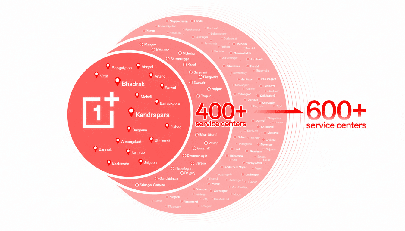 A map of India with red circles indicating service centers, some labeled with city names. A large red square with the OnePlus logo is prominent on the left. Text on the right indicates 400+ service centers and 600+ service centers with an arrow pointing from the former to the latter.
