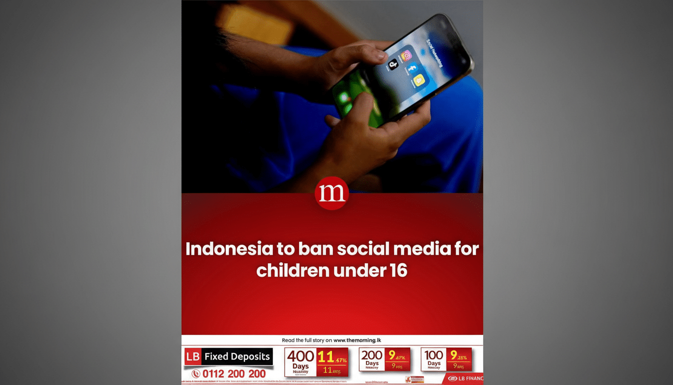 A person holding a smartphone displaying social media app icons, with a news headline below it stating Indonesia to ban social media for children under 16. The image is resized to a 16:9 aspect ratio with a gray background.