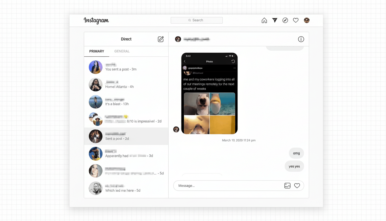 A screenshot of the Instagram Direct Messages interface, resized to a 16:9 aspect ratio. The original content of the Instagram interface, including user profiles, messages, and a photo in a chat, is preserved. The background has been changed to a professional flat design with a subtle grid pattern.