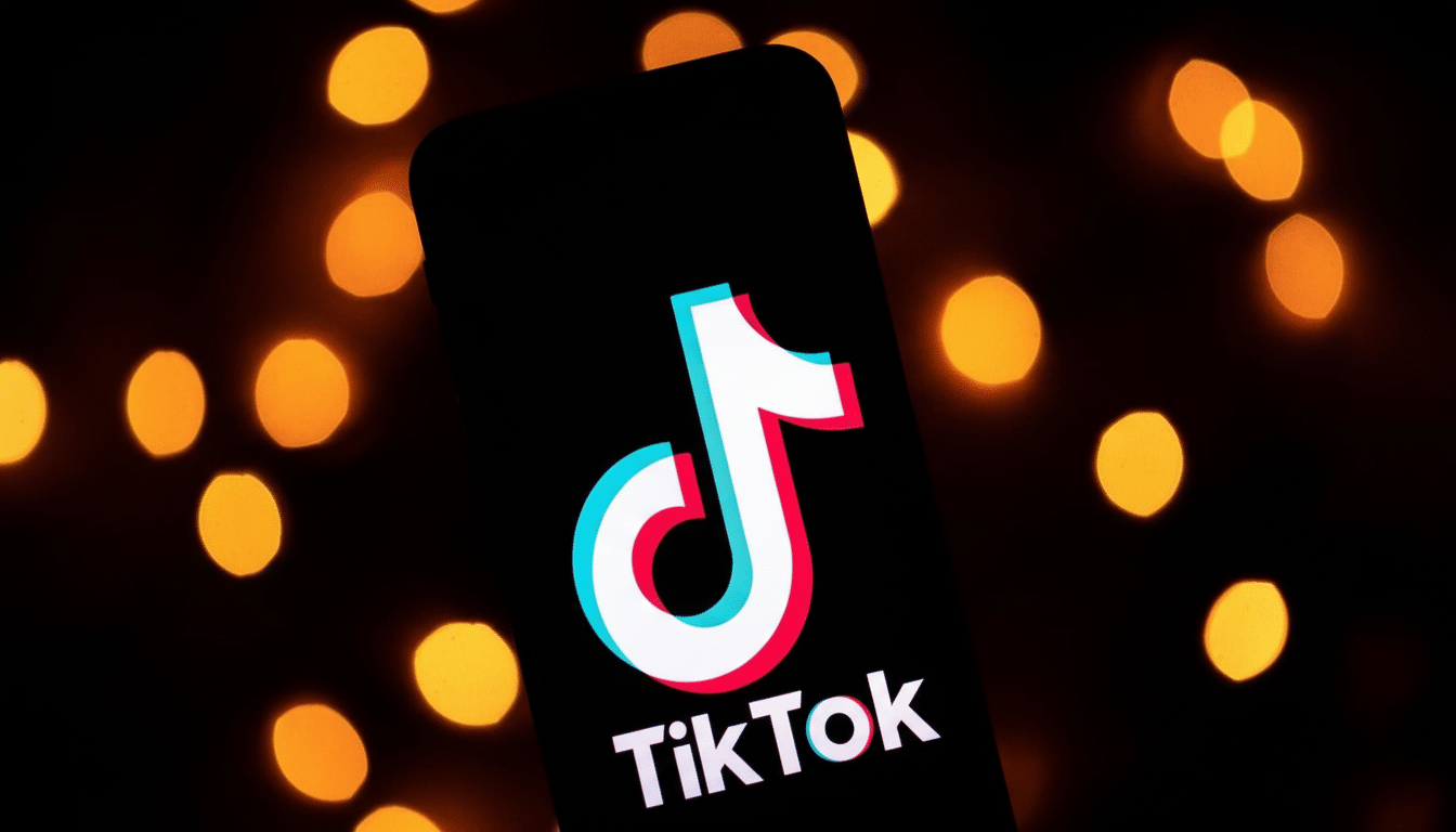 A smartphone displaying the TikTok logo on its screen, set against a blurred background of warm, glowing lights.