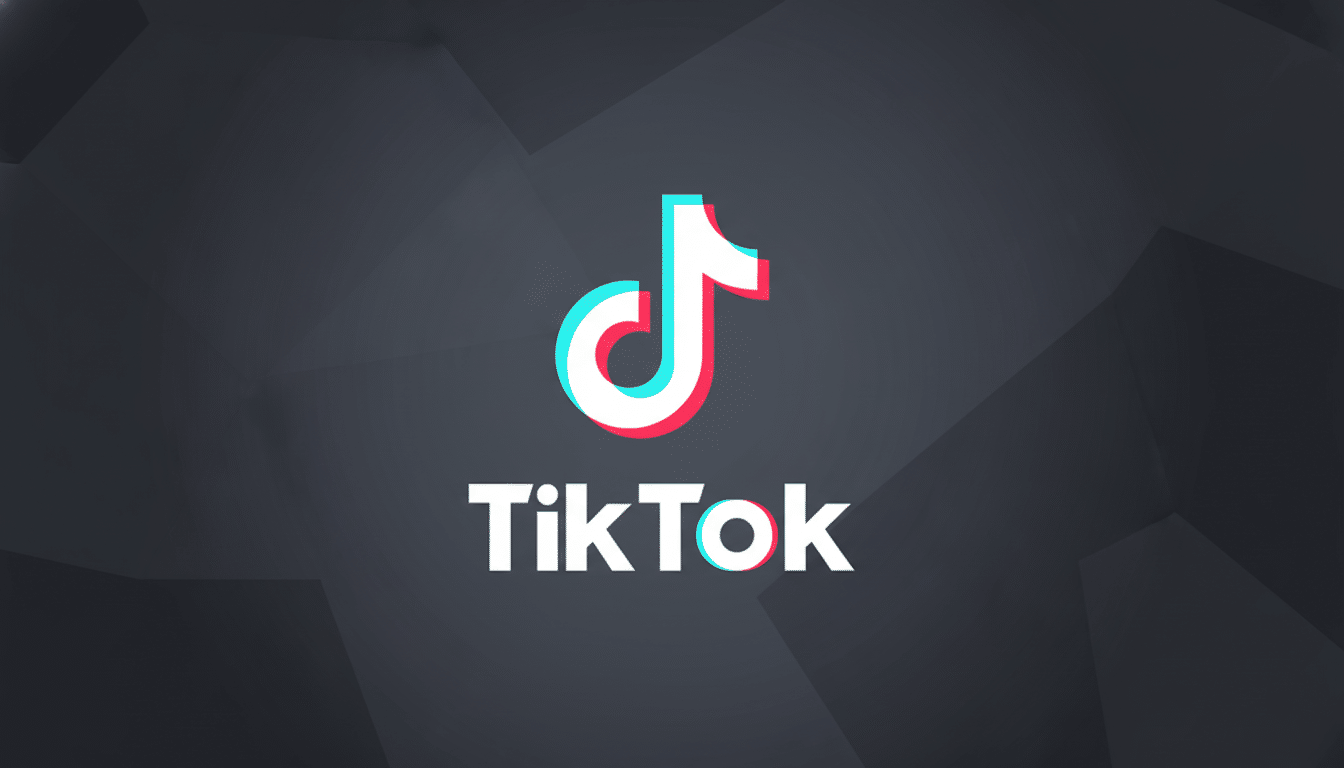 The TikTok logo, featuring a white musical note icon with cyan and red outlines, centered on a dark gray background with subtle geometric patterns.