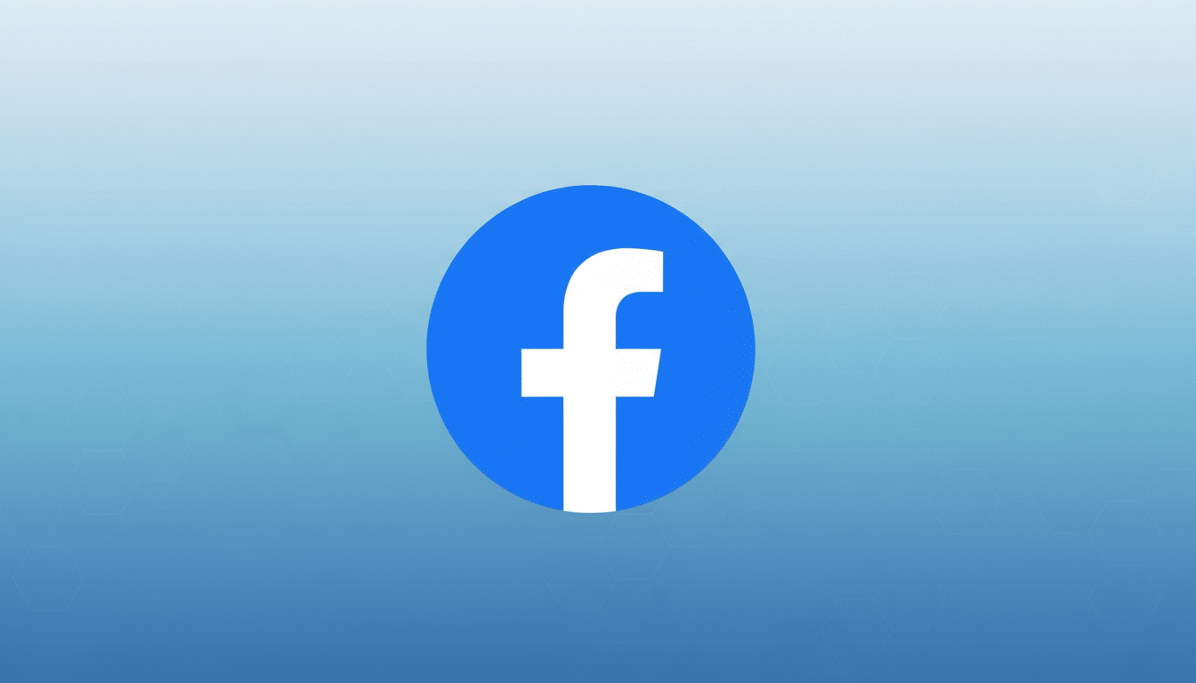 The Facebook logo, a white lowercase f inside a blue circle, centered on a professional 16:9 aspect ratio background with a soft blue gradient and subtle hexagonal patterns.