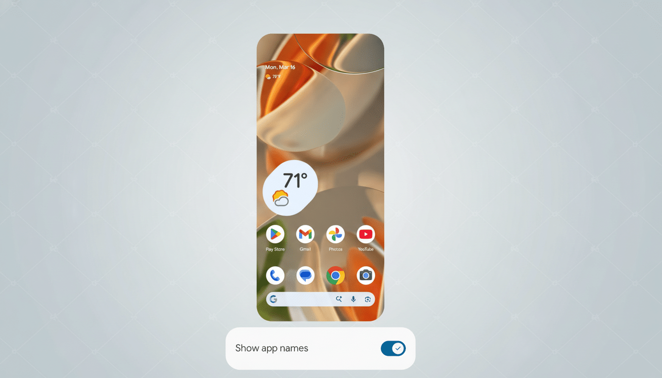 A smartphone screen displaying app icons and a weather widget, set against a professional flat design background with soft patterns.