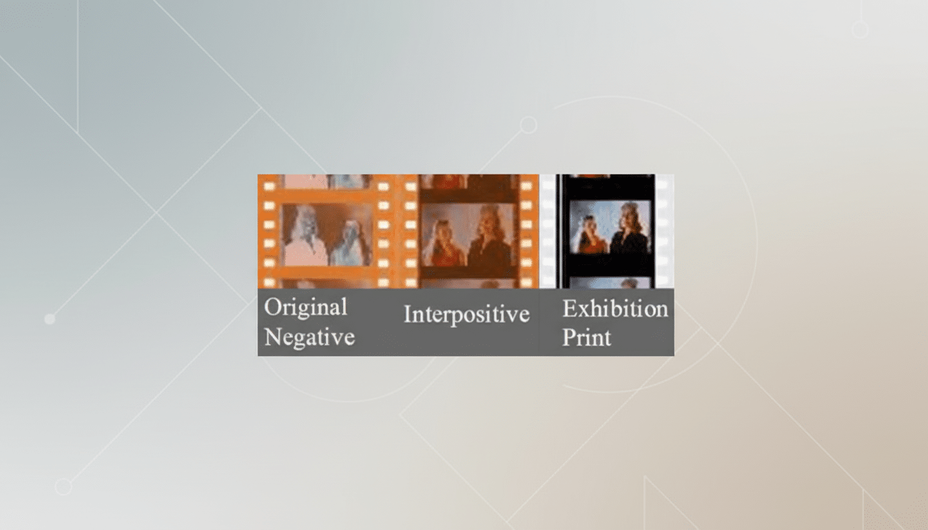 A professional 16:9 image showing a film strip with three sections labeled Original Negative, Interpositive, and Exhibition Print, set against a clean, light gray background with subtle geometric patterns.