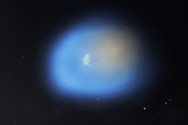 A celestial body, possibly a comet or asteroid, with a bright blue and yellow glow, set against a dark, star-filled background.