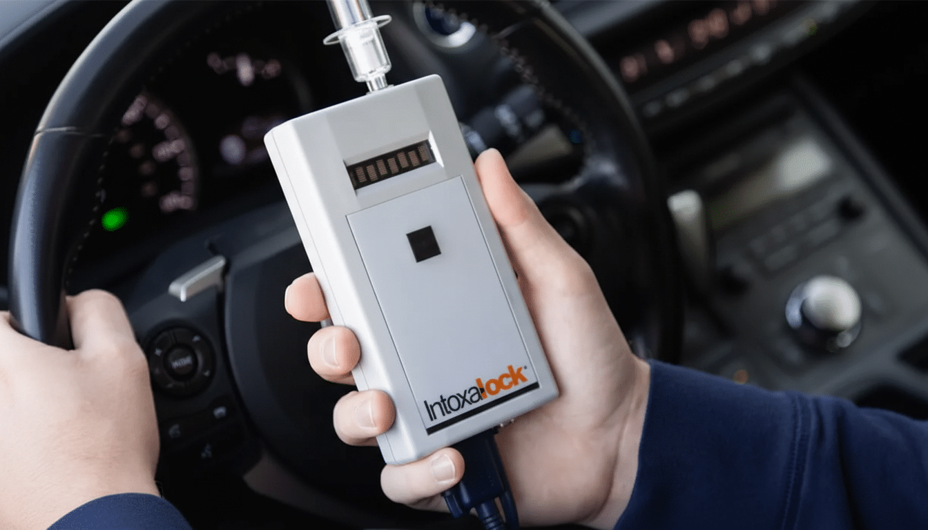 A persons hands holding an Intoxalock device in a car, with the steering wheel and dashboard visible.