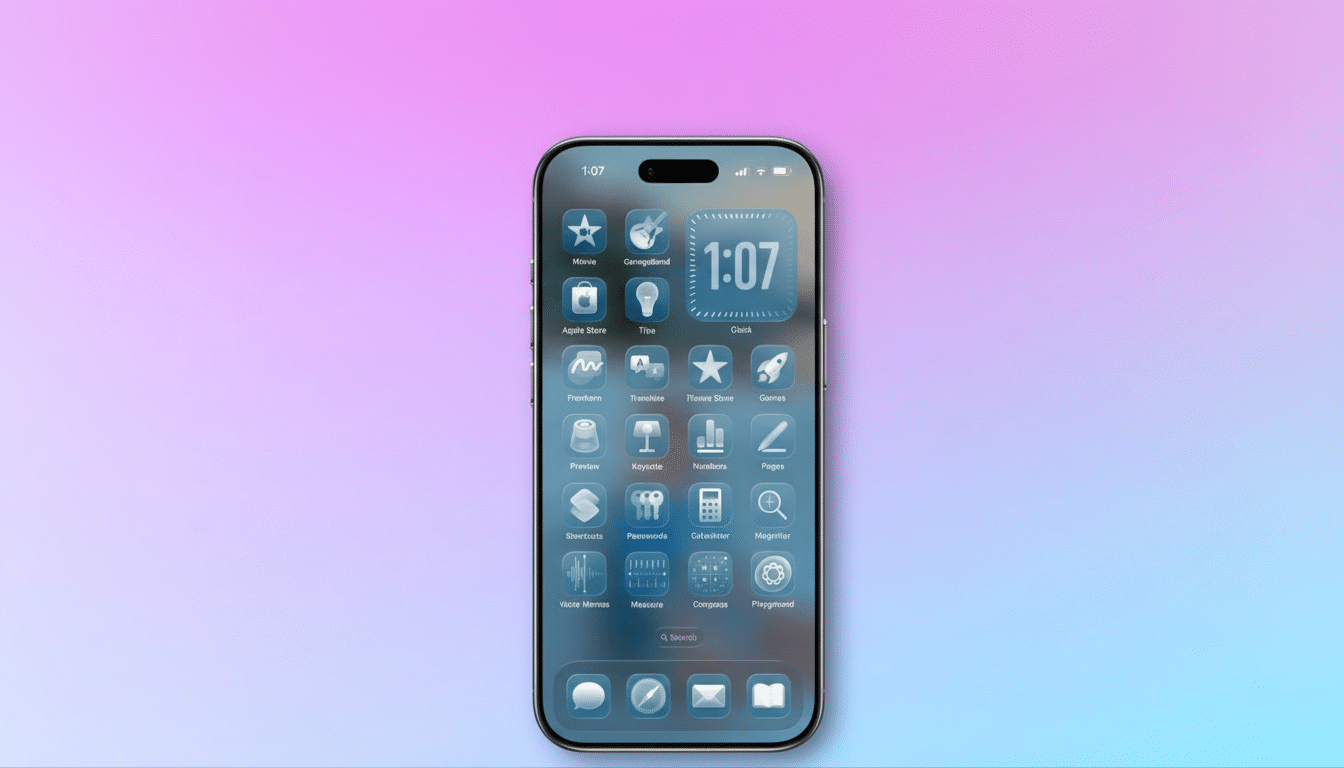An iPhone displaying a home screen with various app icons and a clock widget, set against a soft pink and blue gradient background.