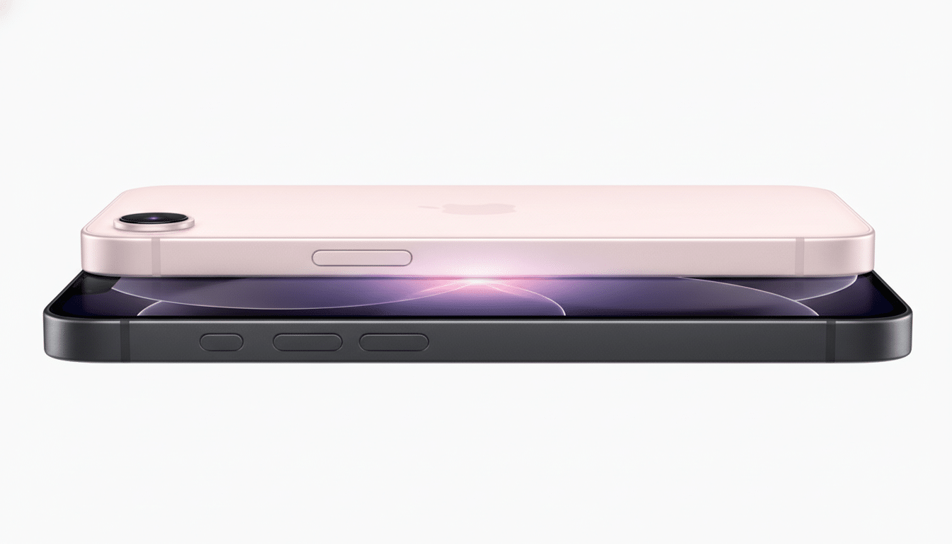 Two iPhones, one pink and one dark gray, stacked horizontally on a white background.