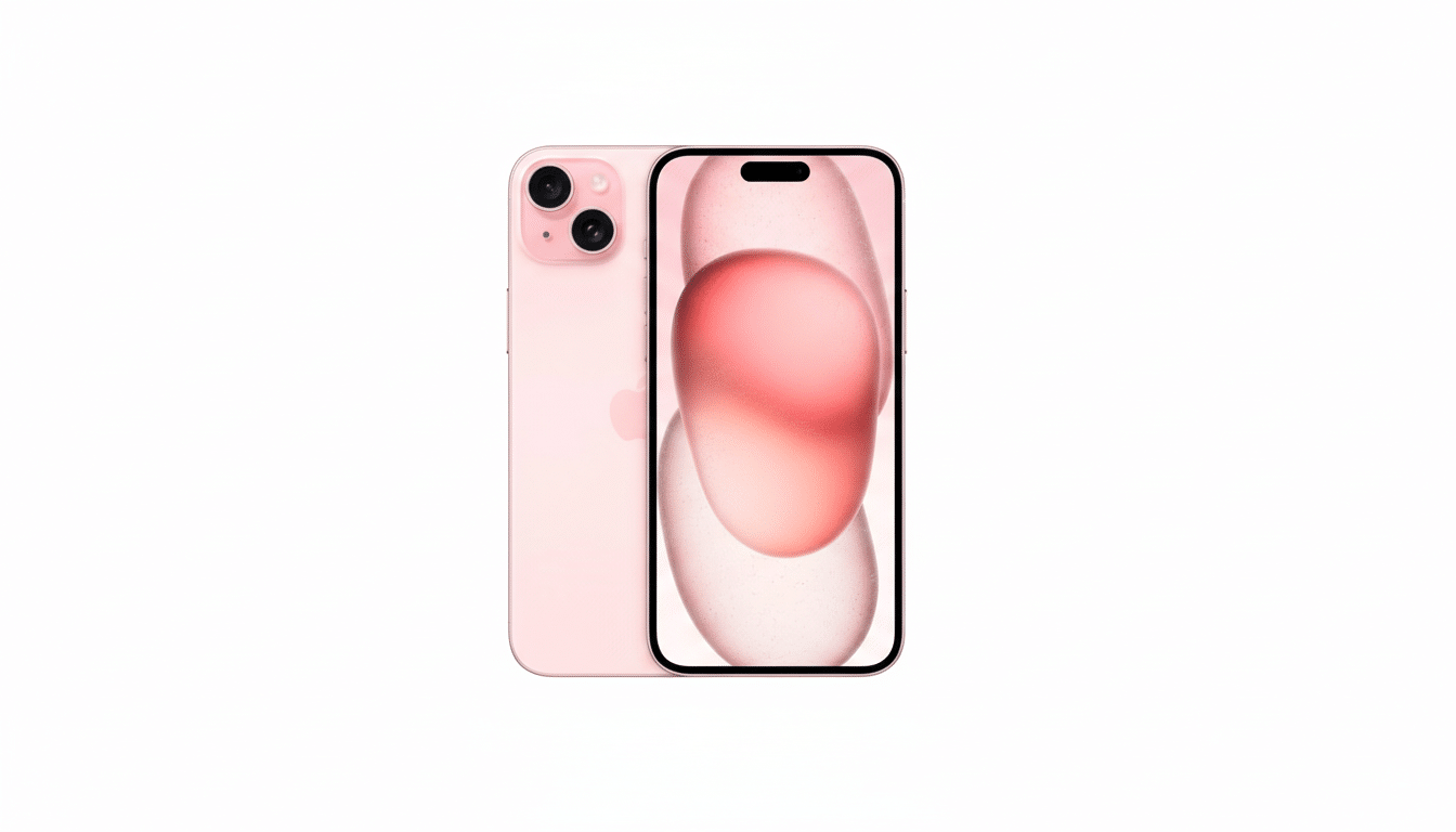 A pink iPhone 14, shown from the back and front, with a soft, light pink gradient background.