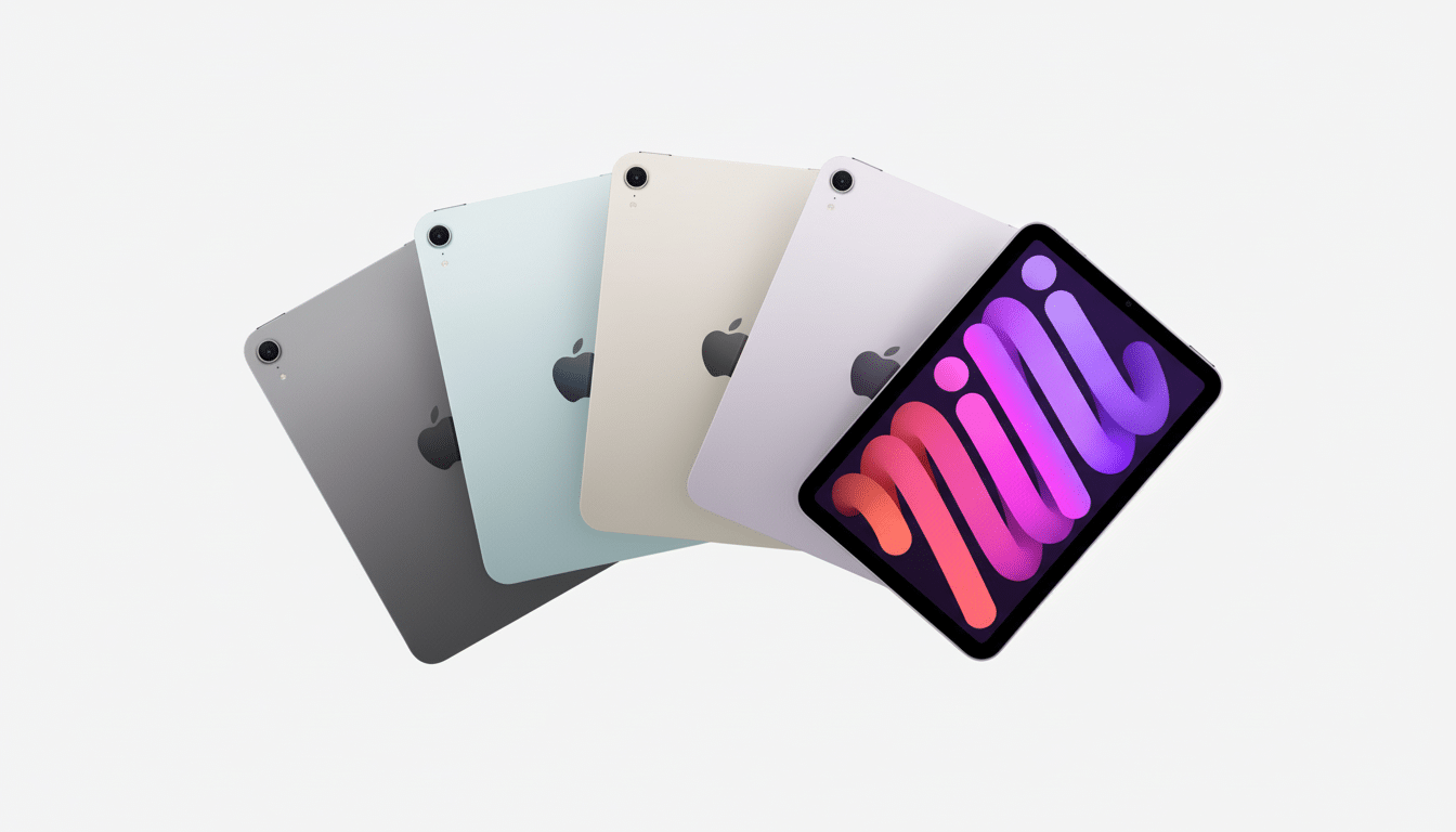 A 16:9 aspect ratio image featuring four iPad Minis in different colors (space gray, blue, starlight, and purple) fanned out on a clean white background, with the purple iPad Mini in the foreground displaying a colorful mini logo on its screen.