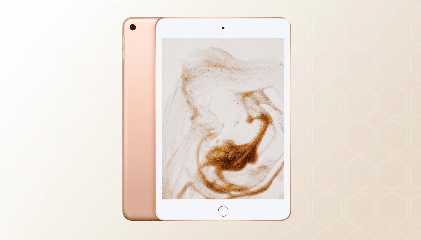 A rose gold iPad Mini displayed at a 16:9 aspect ratio with a professional, soft patterned background.